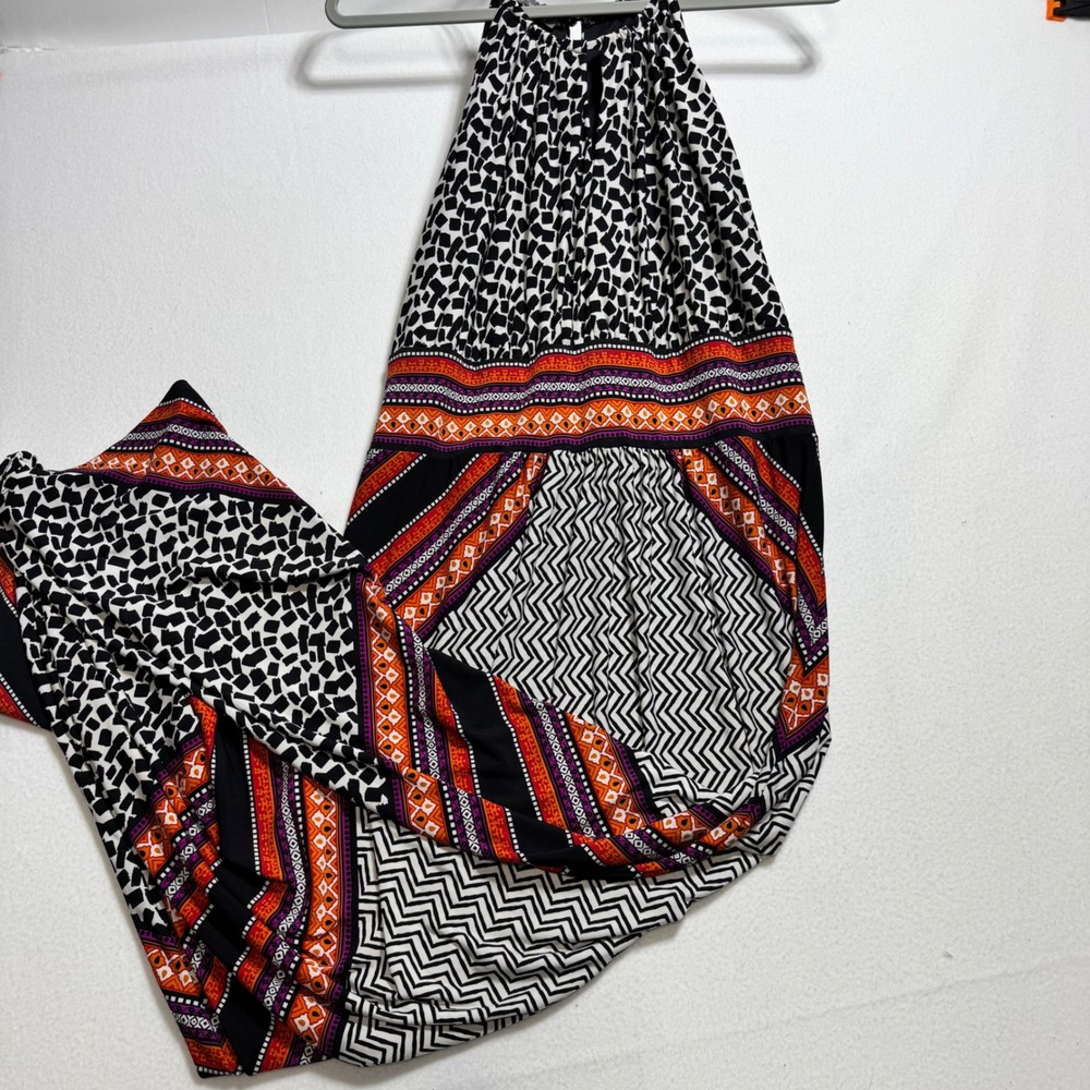 Roz & Ali Maxi Dress 16 Black White Orange Geometric Chevron Halter Keyhole Back
